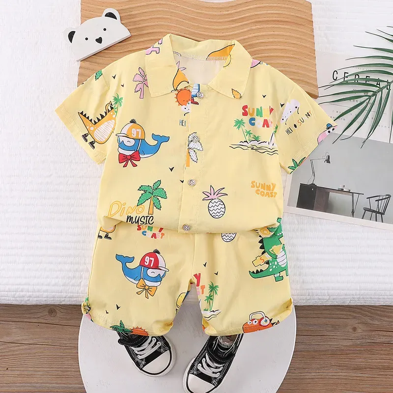 Wholesale Kids Baby Boys Casual Cute Cartoon Print Short Sleeve Lapel Shirt Shorts Sets - Image 30
