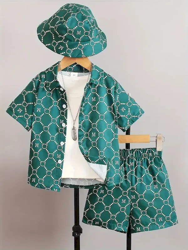 Wholesale Boys Fashion Casual Vacation Printed Short-Sleeve Blouse Loose Shorts Two-Piece Set - Image 15