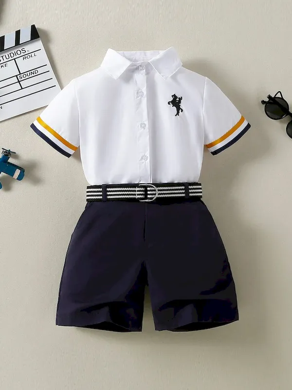 Wholesale Boys' Fashion Lapel Contrast Color Short-Sleeve Blouse Loose Shorts Two-Piece Set - Image 2