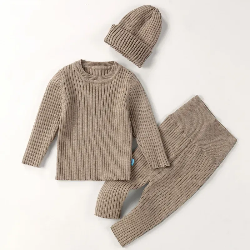 Wholesale Toddlers Newborn Baby Fashion Girls Boys Casual Basic Long Sleeve Solid Color Knitted Top And Pants Set - Image 5