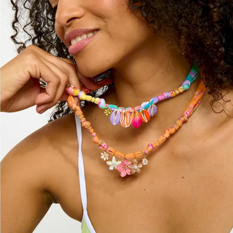 Wholesale Beach Series Necklace Marine Life Multicolor Floral Shell Pendant Silk Scarf Cloth Strip Necklace