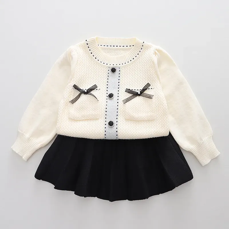 Wholesale Kids Toddler Girls Autumn Winter Fashion Casual Simple Solid Color Bow Round Neck Sweater Pleated Skirt Set - Image 5