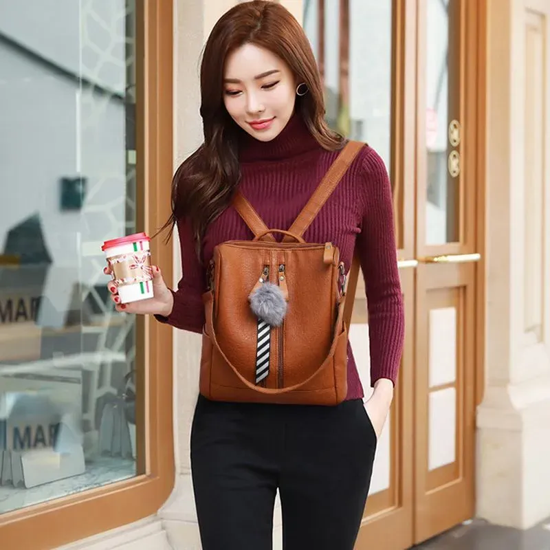 Fashion Large Capacity School Bag PU Leather Solid Color Backpack - Image 4