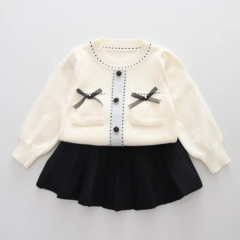 Wholesale Kids Toddler Girls Autumn Winter Fashion Casual Simple Solid Color Bow Round Neck Sweater Pleated Skirt Set - Image 3