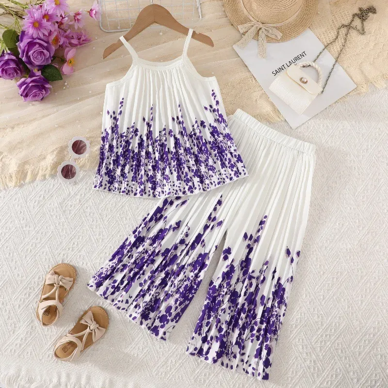 Wholesale Kids Girl'S Fashion Sweet Fresh Printed Pleated Camisole Loose Pants Two-Piece Set - Image 6
