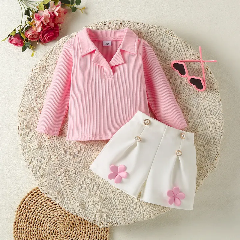 Wholesale Kids Girls' Fashion Solid Color Lapel Long Sleeve Top Pleated Flower Shorts 2-Piece Set
