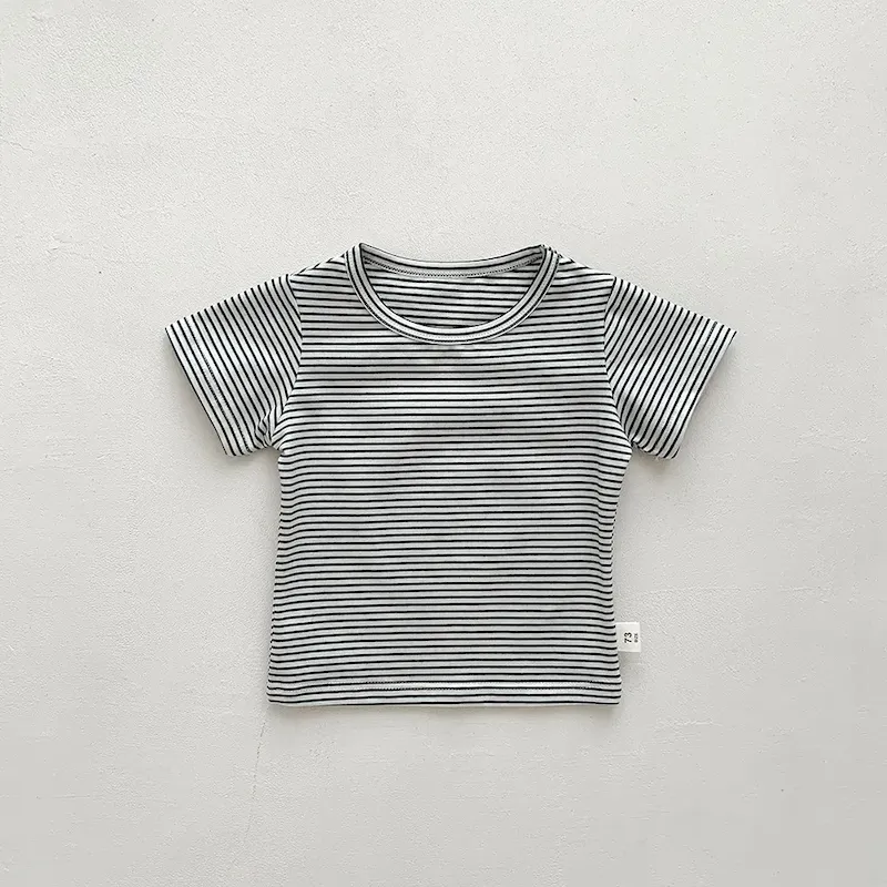 Wholesale Kids Baby Fashion Casual Solid Color Stripe Cotton Round Neck Short-Sleeve T-Shirt - Image 5