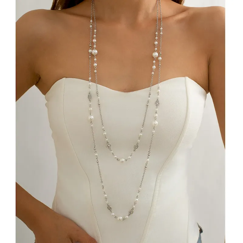 Wholesale Women Fashion Retro Imitation Pearl Tassel Chain Stacked Long Necklace Set - Image 8