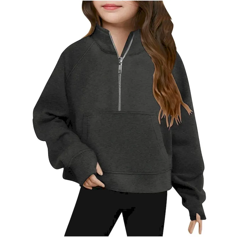 Wholesale Kids Girls' Fashion Casual Autumn Solid Color Half-Zipper Long-Sleeve Loose Sweatshirt - Image 17