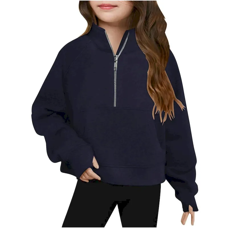 Wholesale Kids Girls' Fashion Casual Autumn Solid Color Half-Zipper Long-Sleeve Loose Sweatshirt - Image 15