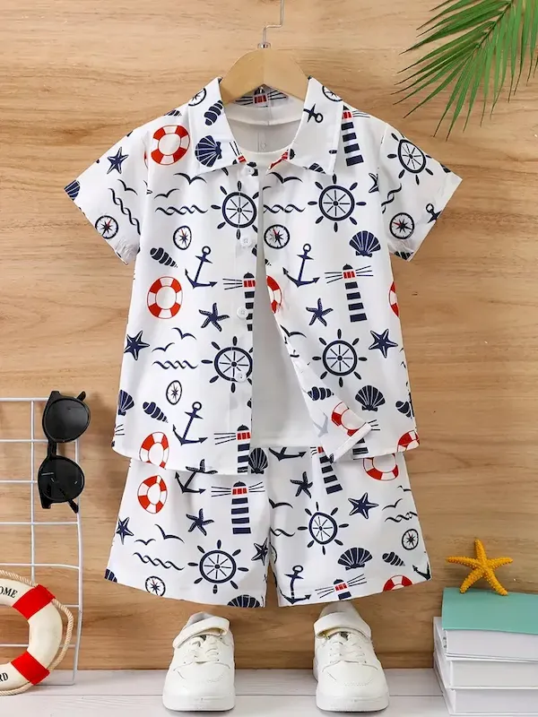 Wholesale Boys Fashion Casual Vacation Printed Short-Sleeve Blouse Loose Shorts Two-Piece Set - Image 33