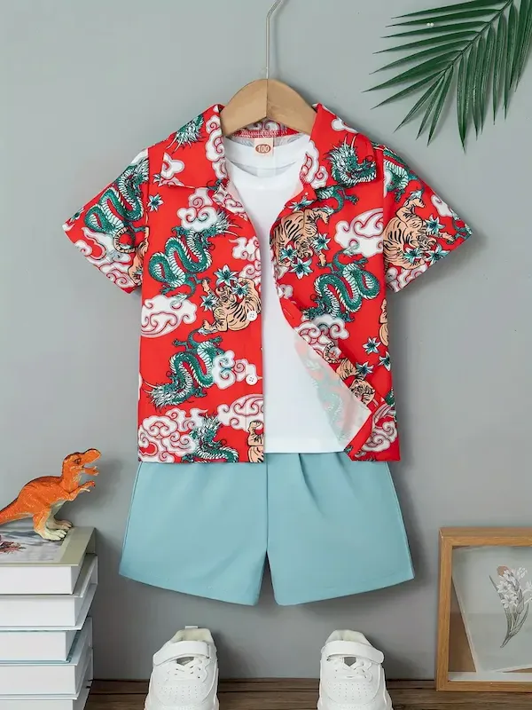 Wholesale Boys Fashion Casual Vacation Printed Short-Sleeve Blouse Loose Shorts Two-Piece Set - Image 24