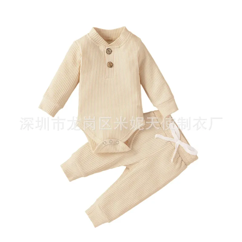 Wholesale Kids Bys And Girls Autumn And Winter Solid Color Stripes Long-Sleeve Bodysuits Drawstring Pants Two-Piece Set - Image 6