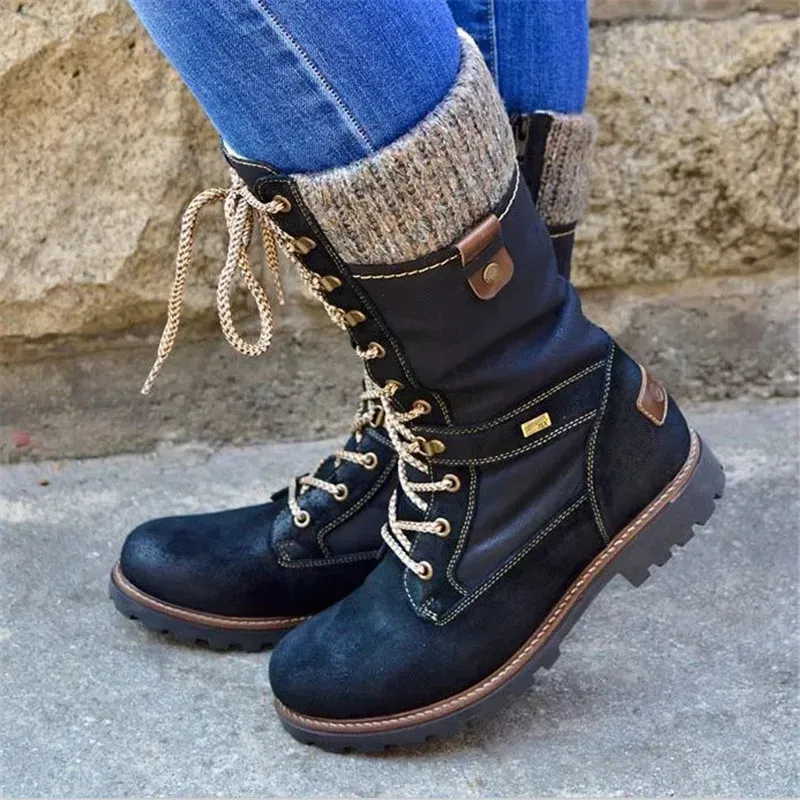 Size:4.5-11 Women Retro Knitted Lace-Up Zipper Mid-Calf Boots