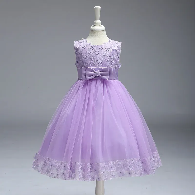 Wholesale Kids Girls Fashion Elegant Solid Color Lace Bowknot Mesh Sleeveless Princess Dress - Image 8