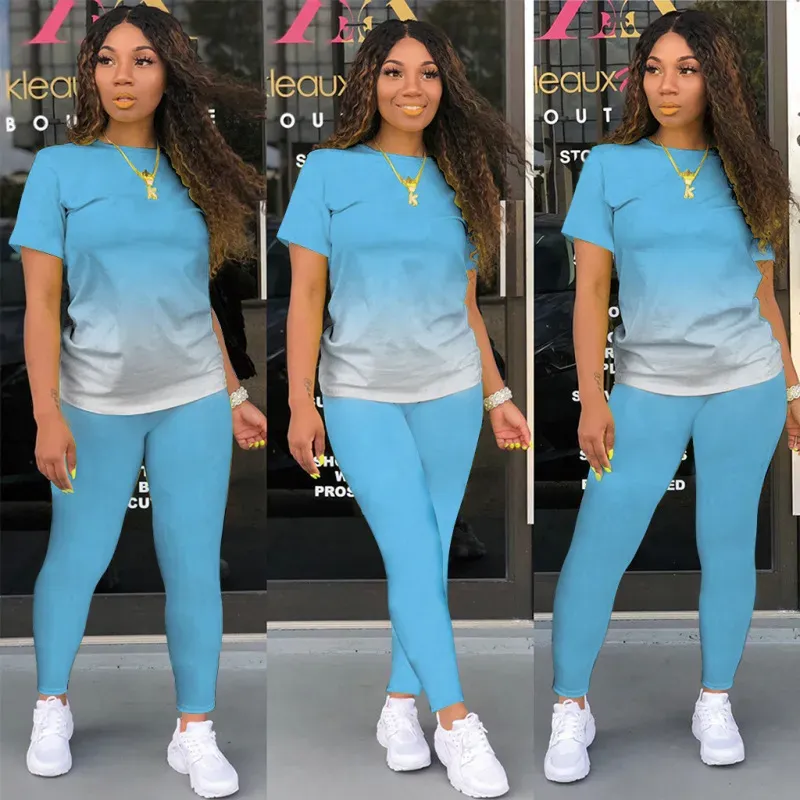 Athleisure Women Casual Athleisure Short Sleeve Round Neck Gradient Color Top And Solid Color Pants Two-piece Set