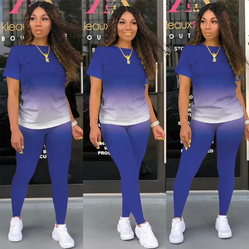 Athleisure Women Casual Athleisure Short Sleeve Round Neck Gradient Color Top And Solid Color Pants Two-piece Set - Image 3