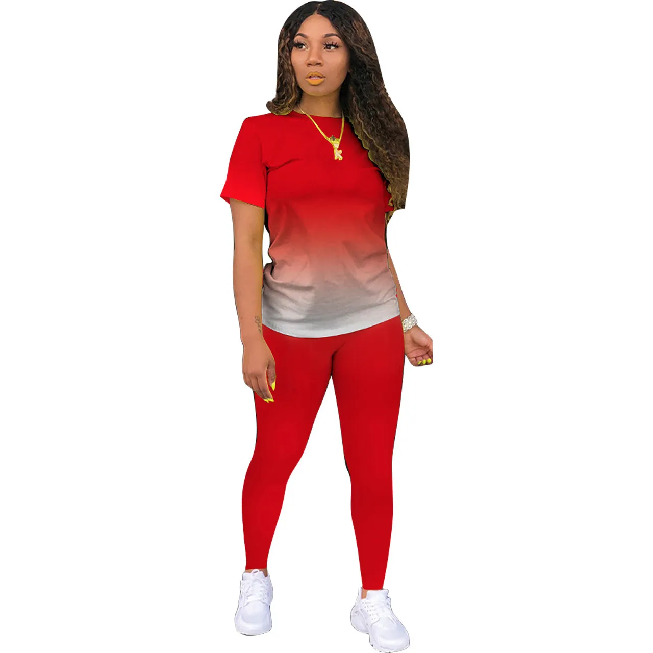 Athleisure Women Casual Athleisure Short Sleeve Round Neck Gradient Color Top And Solid Color Pants Two-piece Set - Image 5