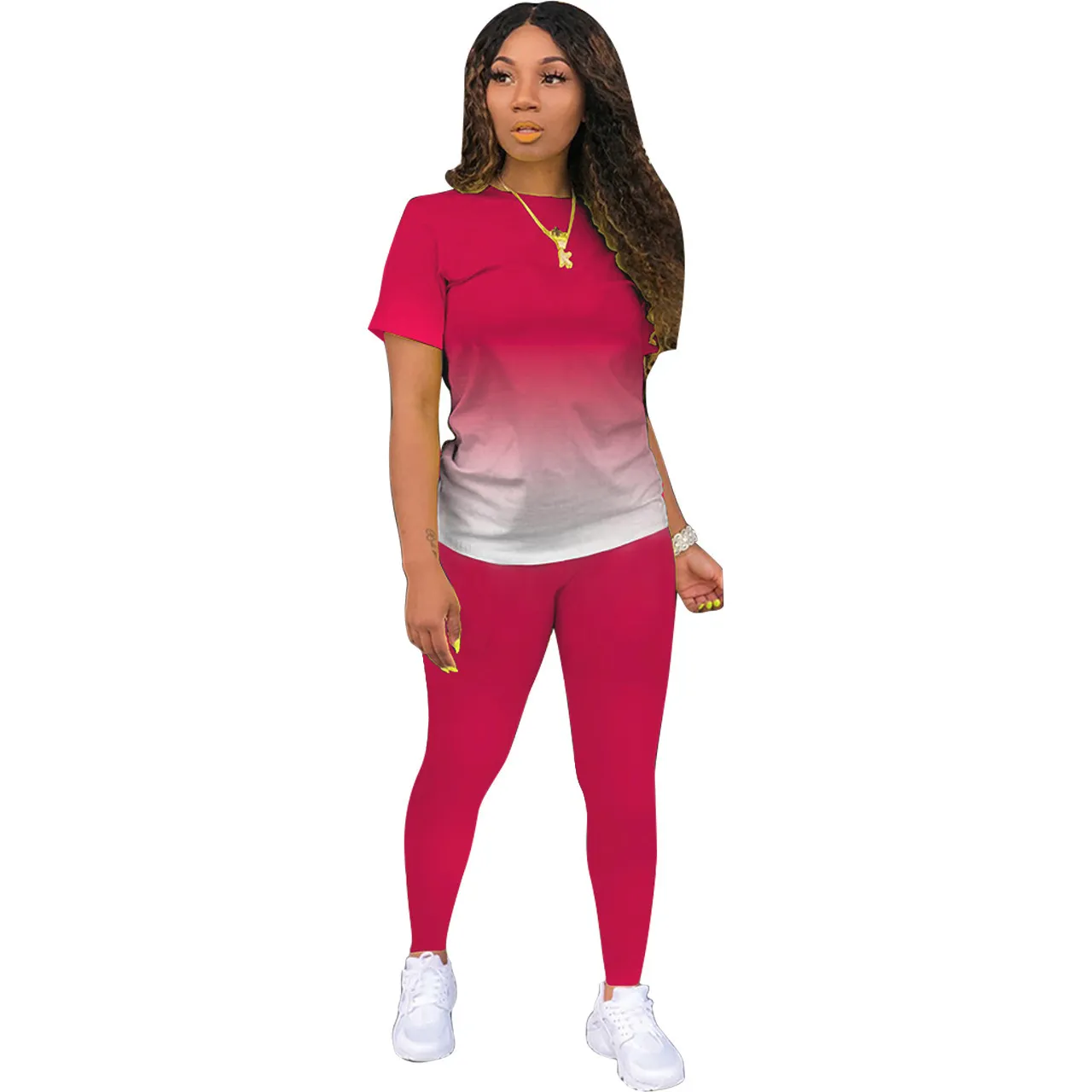 Athleisure Women Casual Athleisure Short Sleeve Round Neck Gradient Color Top And Solid Color Pants Two-piece Set - Image 9