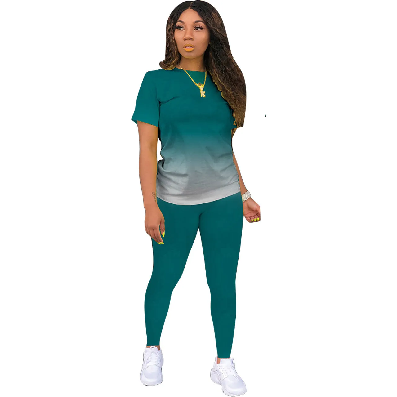 Athleisure Women Casual Athleisure Short Sleeve Round Neck Gradient Color Top And Solid Color Pants Two-piece Set - Image 12