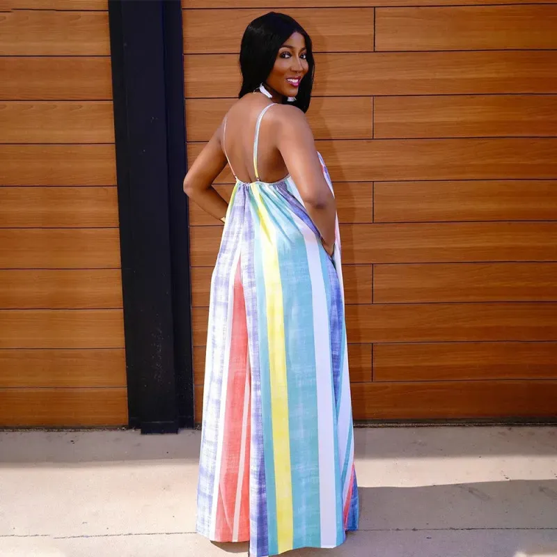 Women Plus Size Vacation Bohemian Sleeveless Color Blocking Loose Wide Leg Jumpsuits - Image 2