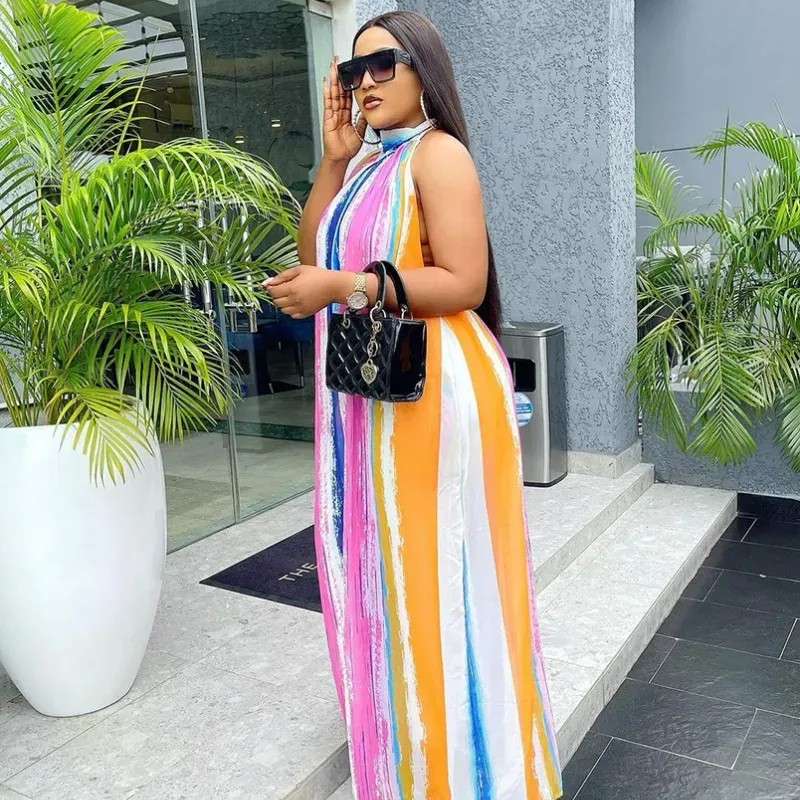 Women Plus Size Summer Vacation Bohemia Sleeveless Color Blocking Loose Wide Leg Jumpsuits - Image 3