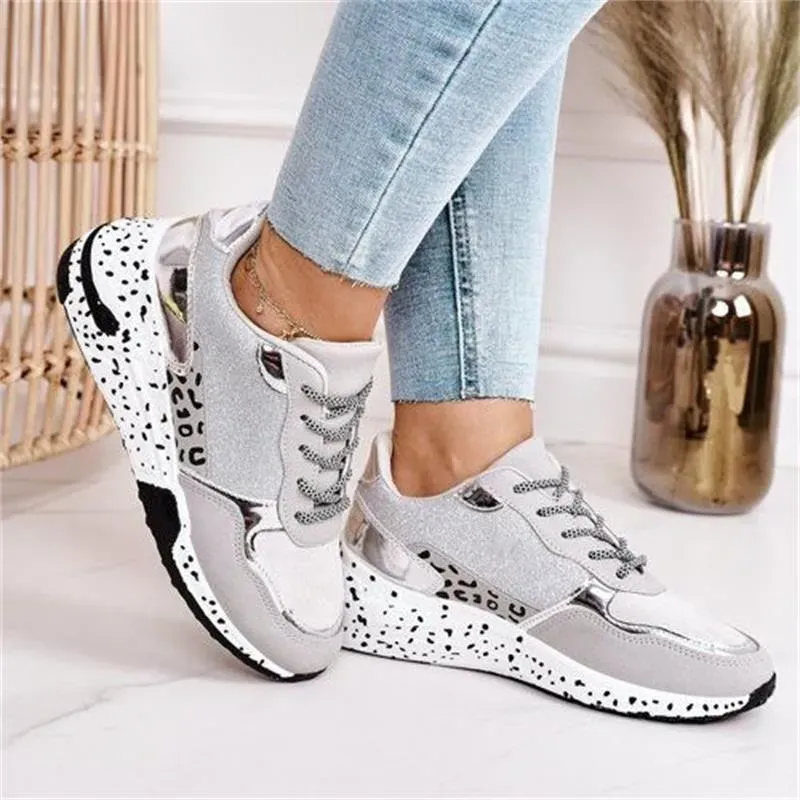 Women Fashion Casual Leopard Print Color Matching Lace-up Platform Sneakers