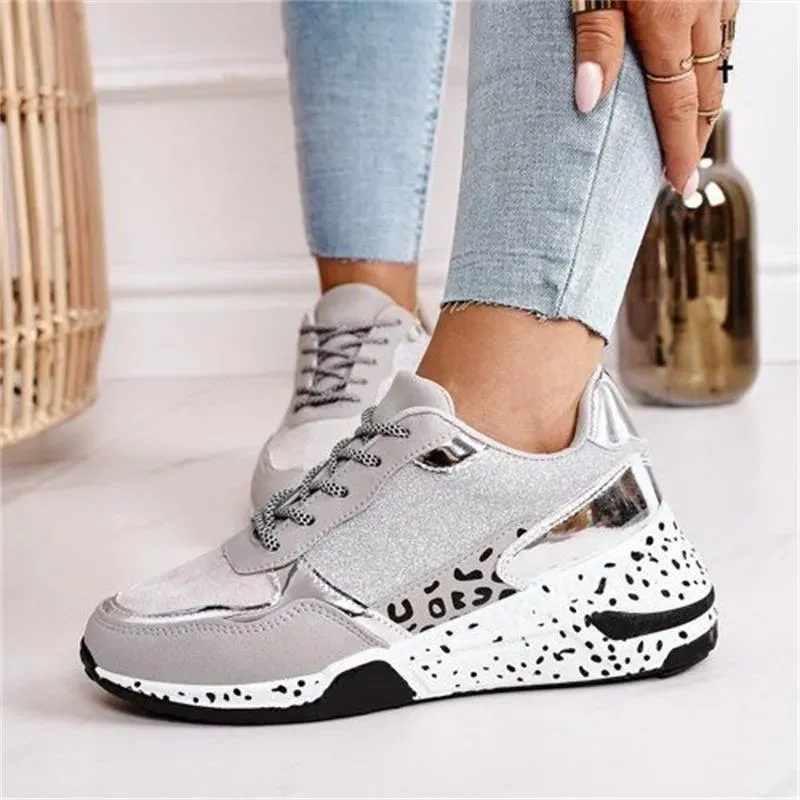 Women Fashion Casual Leopard Print Color Matching Lace-up Platform Sneakers - Image 3