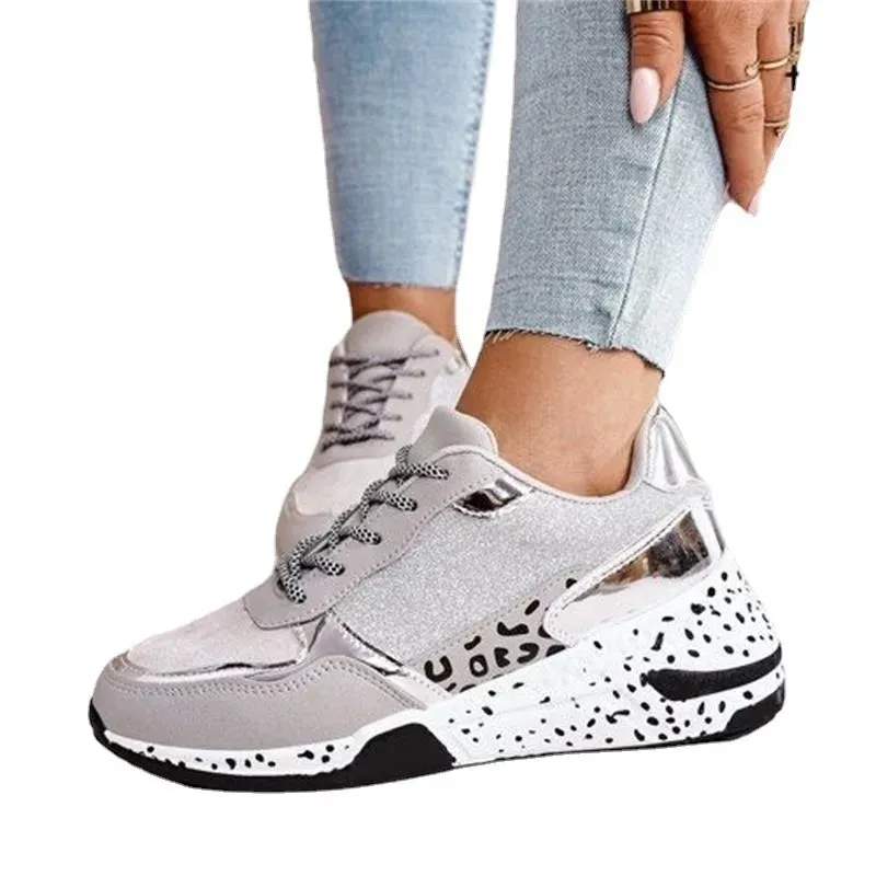 Women Fashion Casual Leopard Print Color Matching Lace-up Platform Sneakers - Image 4
