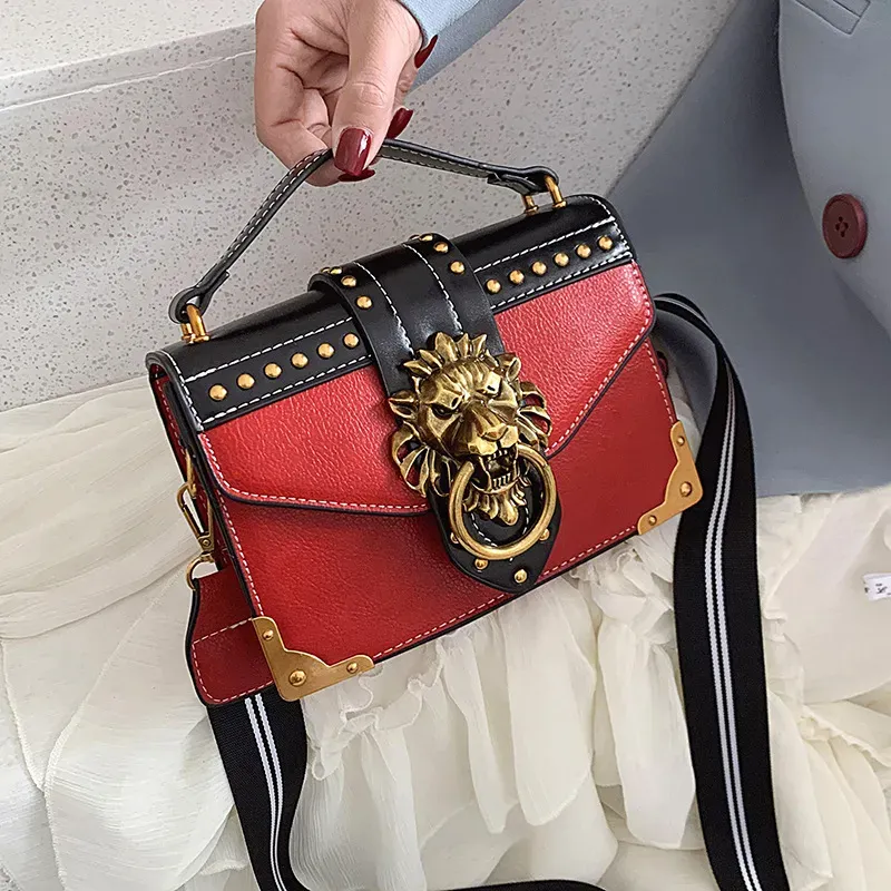 Women Vintage Rivet Design Color Blocking Shoulder Handle Bag