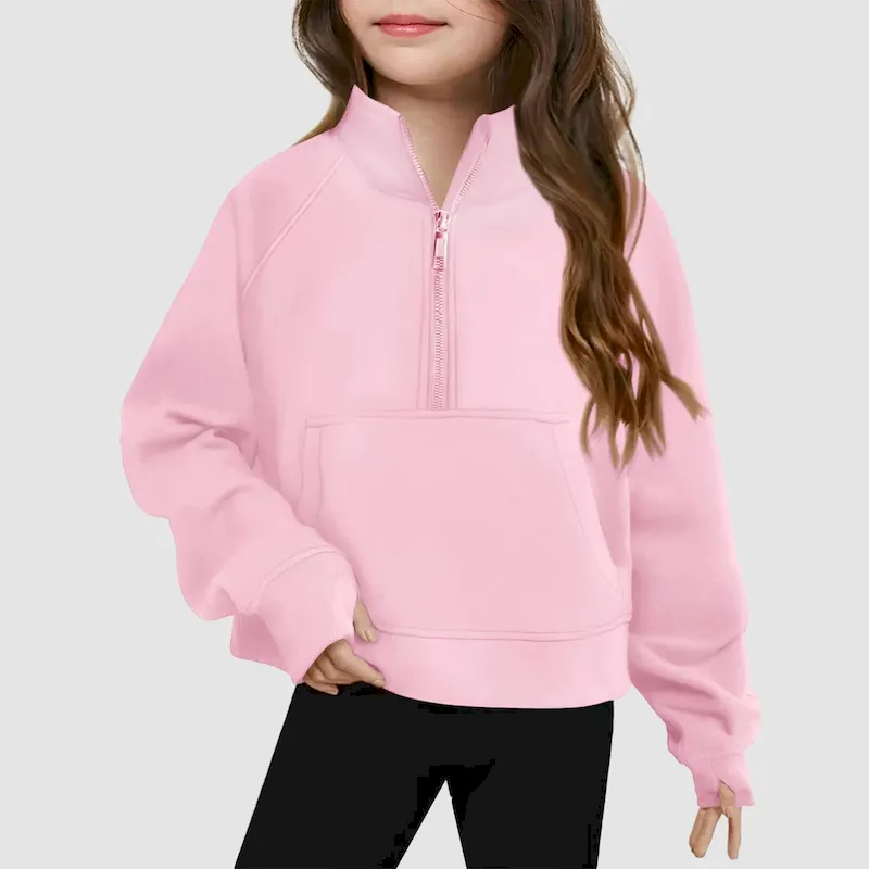 Wholesale Kids Girls' Fashion Casual Autumn Solid Color Half-Zipper Long-Sleeve Loose Sweatshirt - Image 11