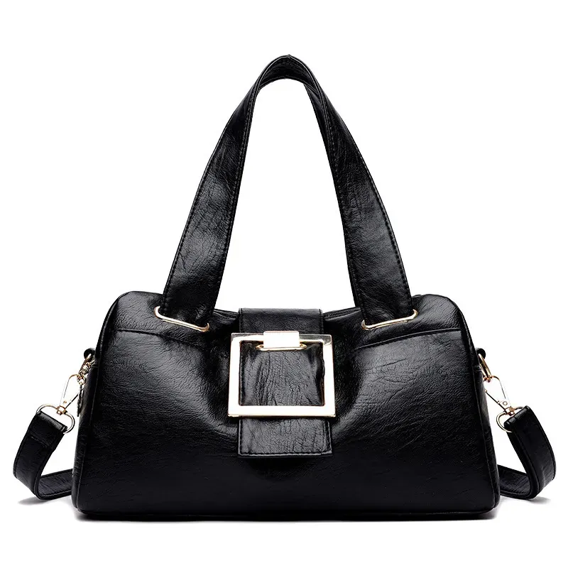 Women Vintage Buckle Design Solid Color Large Capacity Shoulder Handle Bag