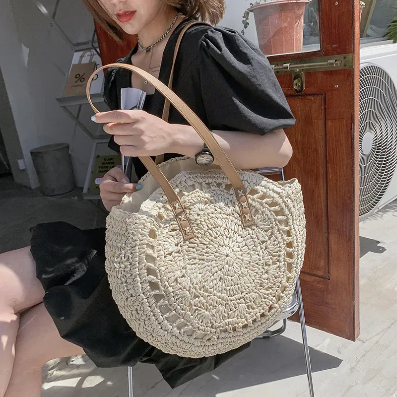 Women Pastoral Flower Design Solid Color Straw Large Capacity Woven Shoulder Handle Bag