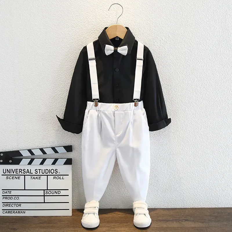 Wholesale Kids Toddler Big Boys Spring Autumn Fashion Casual British Style Bow Shirt Suspender Trousers Party Clothing Set - Image 7