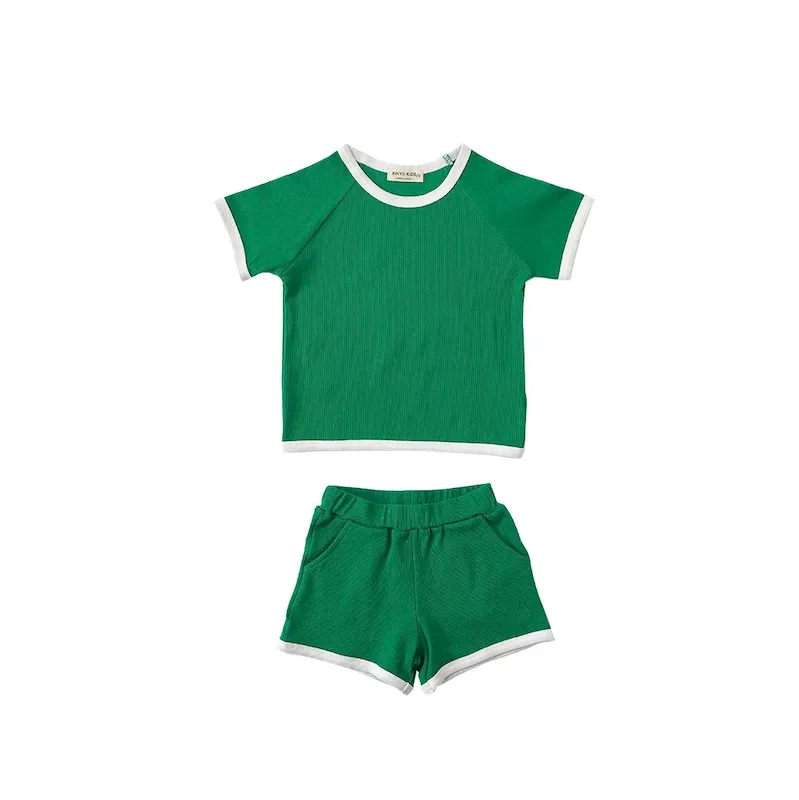 Wholesale Kids Baby Boys Girls Casual Cute Solid Color Rib-Knit Short Sleeve T-Shirt Shorts Set - Image 9