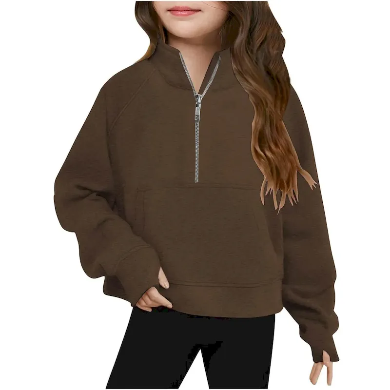 Wholesale Kids Girls' Fashion Casual Autumn Solid Color Half-Zipper Long-Sleeve Loose Sweatshirt - Image 24