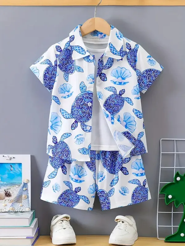 Wholesale Boys Fashion Casual Vacation Printed Short-Sleeve Blouse Loose Shorts Two-Piece Set - Image 22