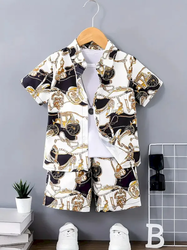 Wholesale Boys Fashion Casual Vacation Printed Short-Sleeve Blouse Loose Shorts Two-Piece Set - Image 11