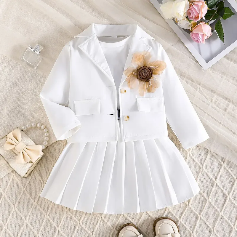 Wholesale Kids Girls Fashion Casual Flower Lapel Long-Sleeve Cardigan Vest Pleated Skirt Three-Piece Set - Image 7