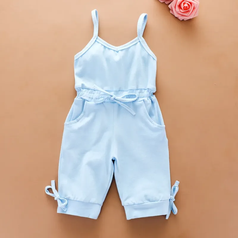 Wholesale Kids Baby Girls' Fashion Casual Solid Color Cotton Sleeveless Lace-Up Jumpsuit - Image 6