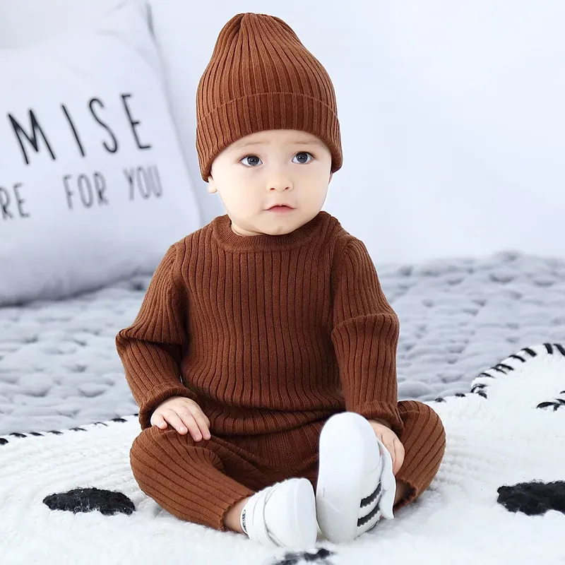 Wholesale Toddlers Newborn Baby Fashion Girls Boys Casual Basic Long Sleeve Solid Color Knitted Top And Pants Set - Image 3