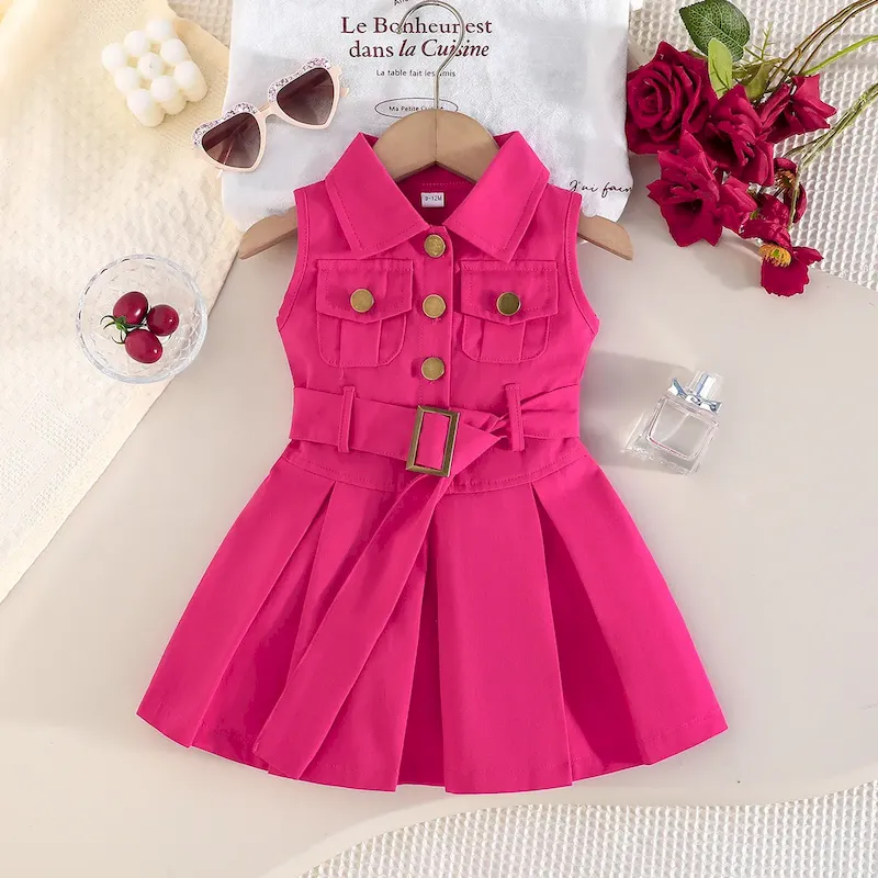 Wholesale Kids Girl Fashion Casual Solid Color Lapel Sleeveless Pockets Belt Dress - Image 6