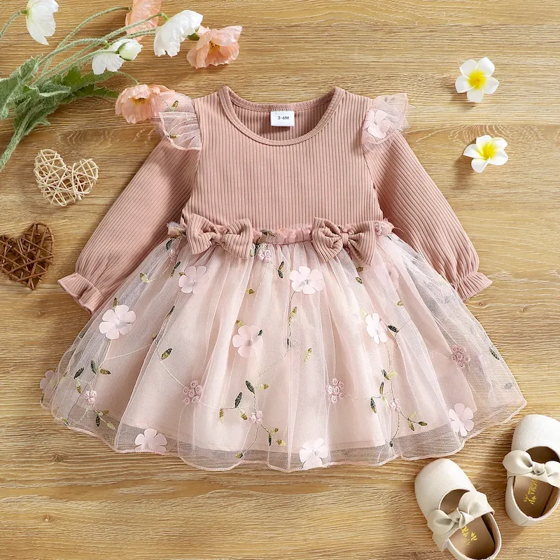 Wholesale Kids Baby Girls Fashion Cute Mesh Embroidered Bowknot Long Sleeve Dress - Image 6