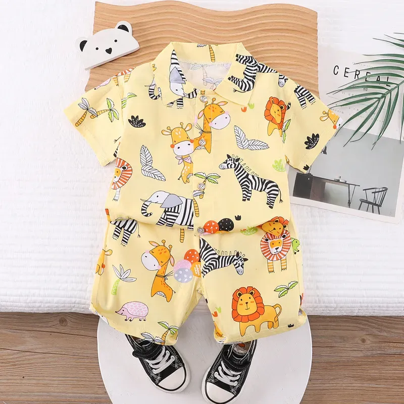 Wholesale Kids Baby Boys Casual Cute Cartoon Print Short Sleeve Lapel Shirt Shorts Sets - Image 26