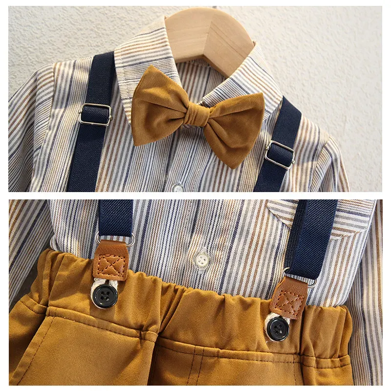 Wholesale Kids Toddler Big Boys Spring Autumn Fashion Casual British Style Bow Waistcoat Stripe Shirt Suspender Trousers Party Clothing Set - Image 5