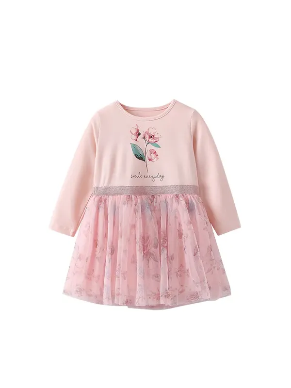 Wholesale Kids Girls Fashion Cute Printed Round Neck Long Sleeve Mesh Dress - Image 4