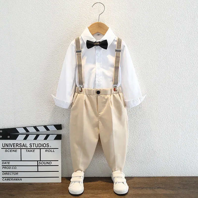 Wholesale Kids Toddler Big Boys Spring Autumn Fashion Casual British Style Bow Shirt Suspender Trousers Party Clothing Set - Image 10