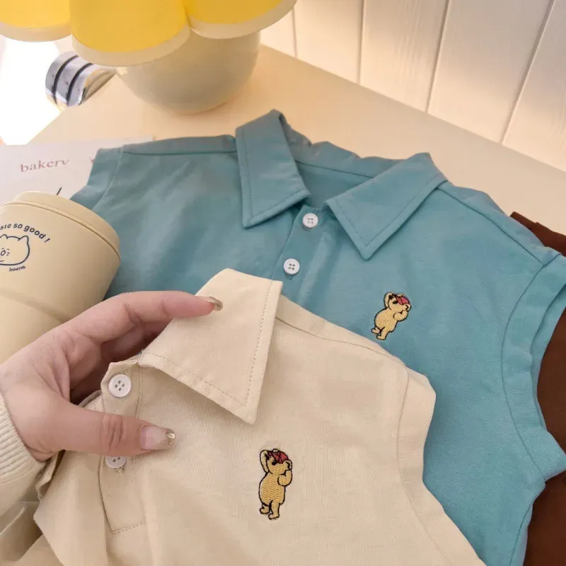 Wholesale Kids Casual Cartoon Embroidery Lapel Sleeveless Loose Top And Elastic Waist Shorts Set - Image 5