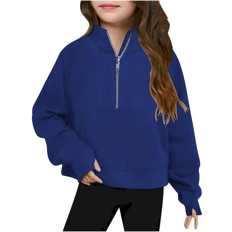 Wholesale Kids Girls' Fashion Casual Autumn Solid Color Half-Zipper Long-Sleeve Loose Sweatshirt - Image 21