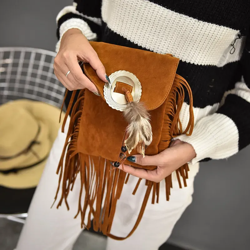 Women Vintage Tassel Decor Feather Boho Bag - Image 4